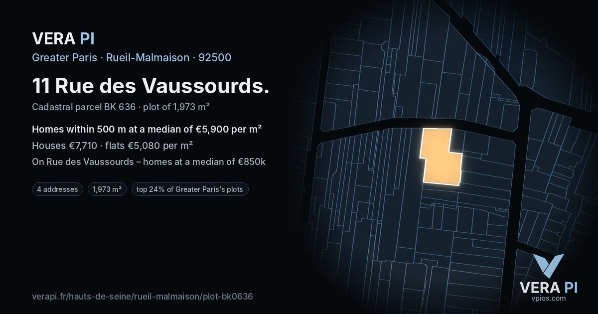 11 Rue des Vaussourds, Rueil-Malmaison at night – the plot lit, the parcels around coloured by the prices near them