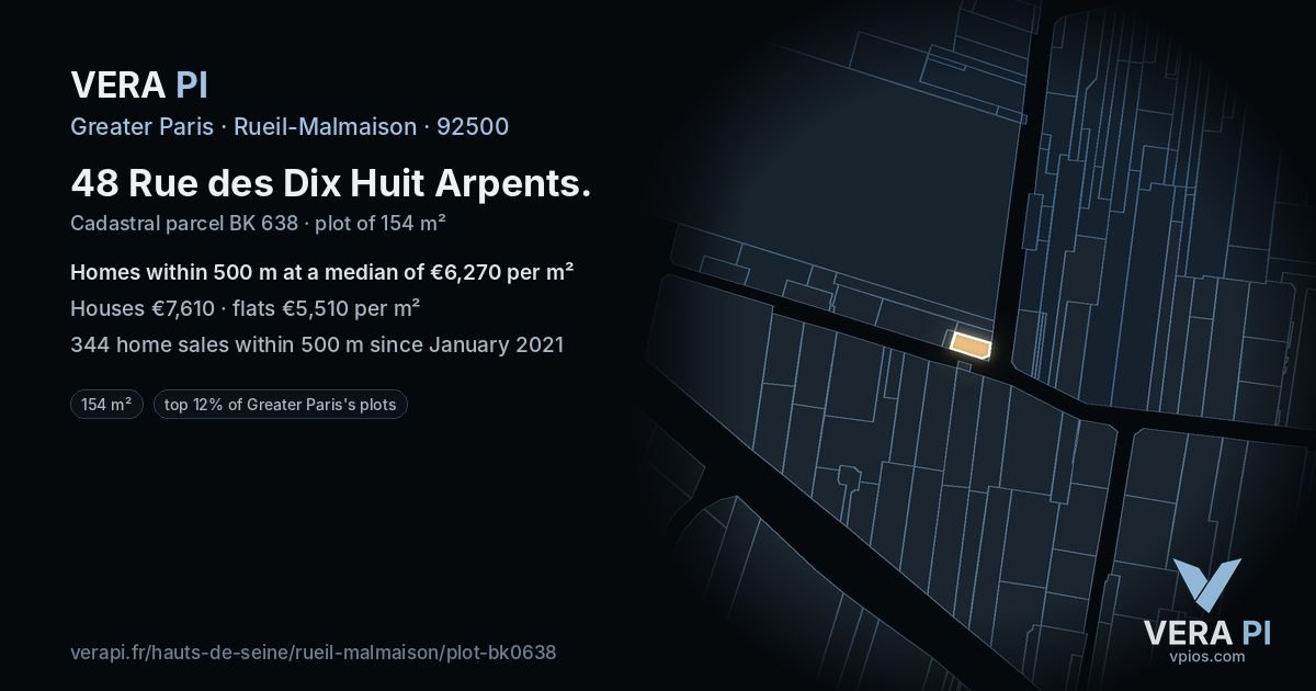 48 Rue des Dix Huit Arpents, Rueil-Malmaison at night – the plot lit, the parcels around coloured by the prices near them