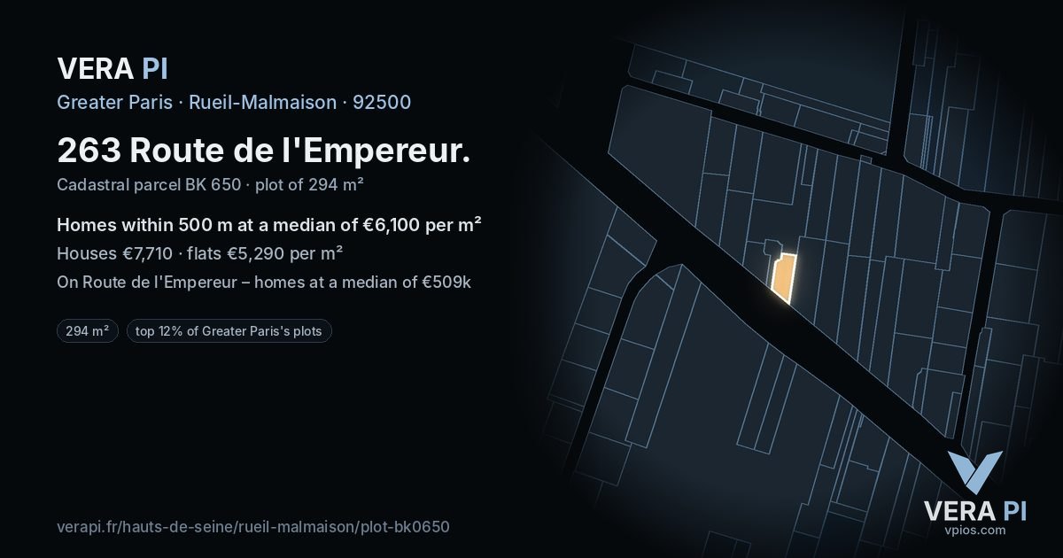 263 Route de l'Empereur, Rueil-Malmaison at night – the plot lit, the parcels around coloured by the prices near them