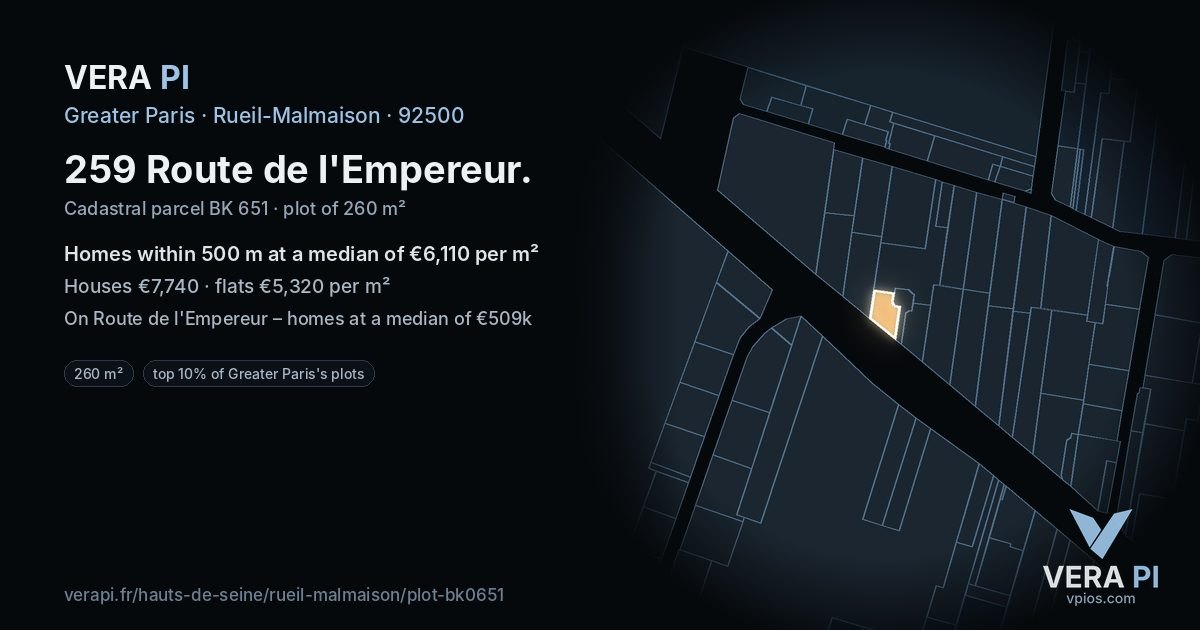 259 Route de l'Empereur, Rueil-Malmaison at night – the plot lit, the parcels around coloured by the prices near them