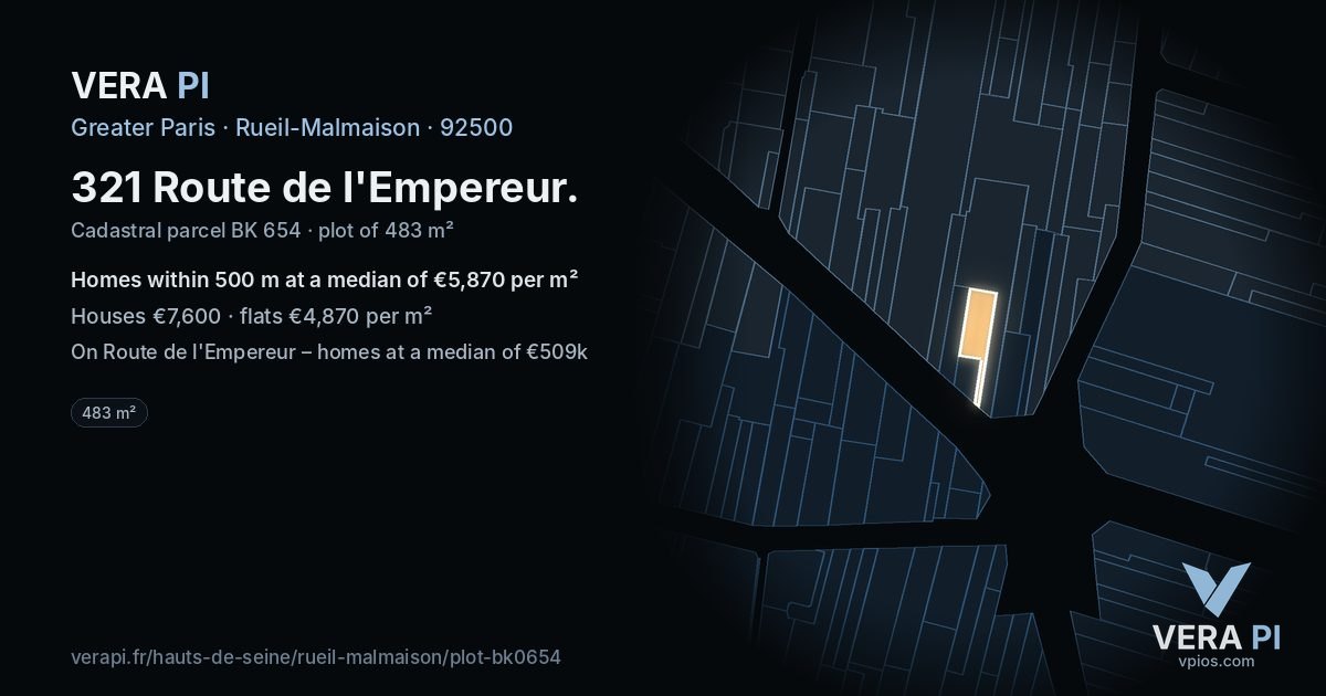 321 Route de l'Empereur, Rueil-Malmaison at night – the plot lit, the parcels around coloured by the prices near them