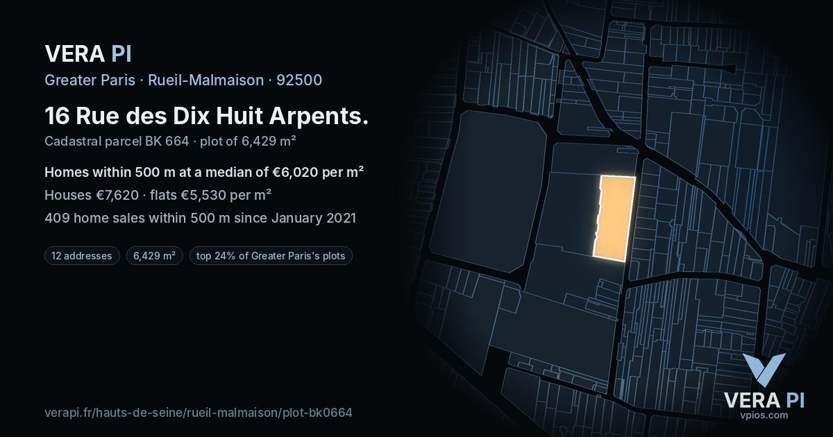 16 Rue des Dix Huit Arpents, Rueil-Malmaison at night – the plot lit, the parcels around coloured by the prices near them