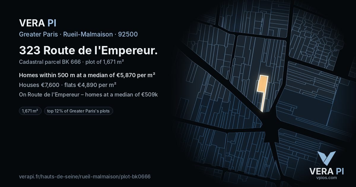 323 Route de l'Empereur, Rueil-Malmaison at night – the plot lit, the parcels around coloured by the prices near them