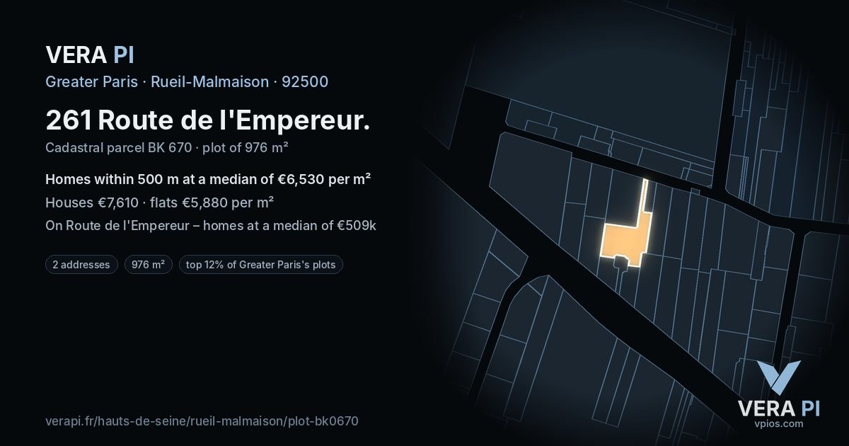 261 Route de l'Empereur, Rueil-Malmaison at night – the plot lit, the parcels around coloured by the prices near them