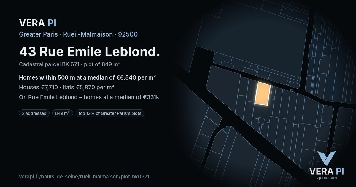 43 Rue Emile Leblond, Rueil-Malmaison at night – the plot lit, the parcels around coloured by the prices near them
