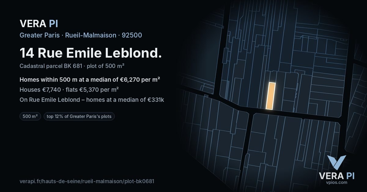 14 Rue Emile Leblond, Rueil-Malmaison at night – the plot lit, the parcels around coloured by the prices near them