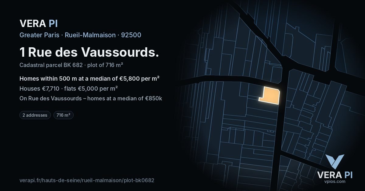 1 Rue des Vaussourds, Rueil-Malmaison at night – the plot lit, the parcels around coloured by the prices near them