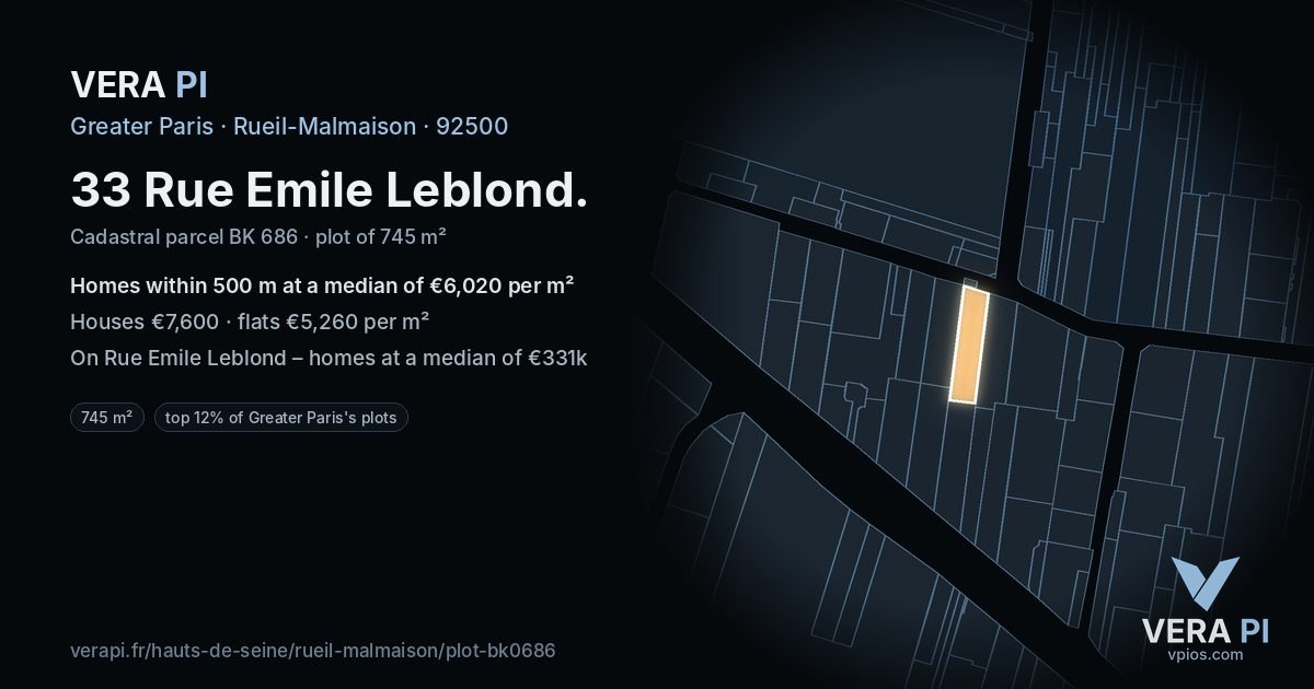 33 Rue Emile Leblond, Rueil-Malmaison at night – the plot lit, the parcels around coloured by the prices near them