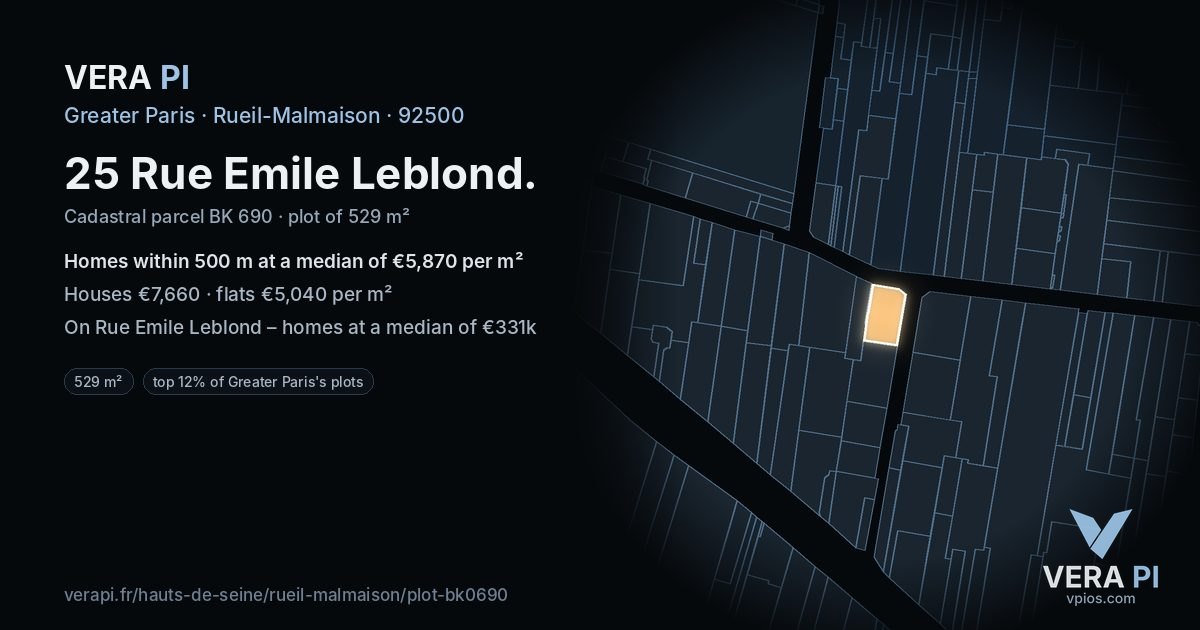 25 Rue Emile Leblond, Rueil-Malmaison at night – the plot lit, the parcels around coloured by the prices near them