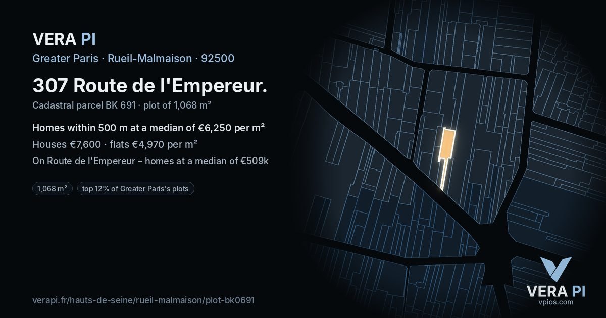 307 Route de l'Empereur, Rueil-Malmaison at night – the plot lit, the parcels around coloured by the prices near them