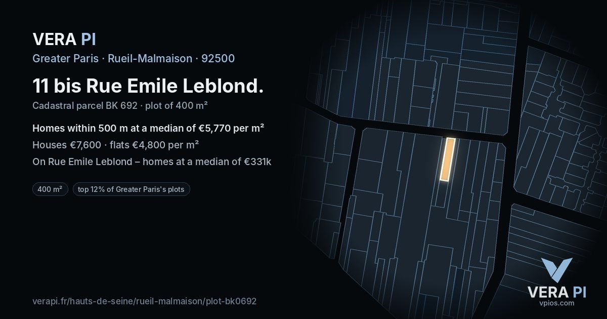 11 bis Rue Emile Leblond, Rueil-Malmaison at night – the plot lit, the parcels around coloured by the prices near them