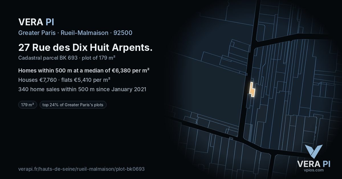27 Rue des Dix Huit Arpents, Rueil-Malmaison at night – the plot lit, the parcels around coloured by the prices near them