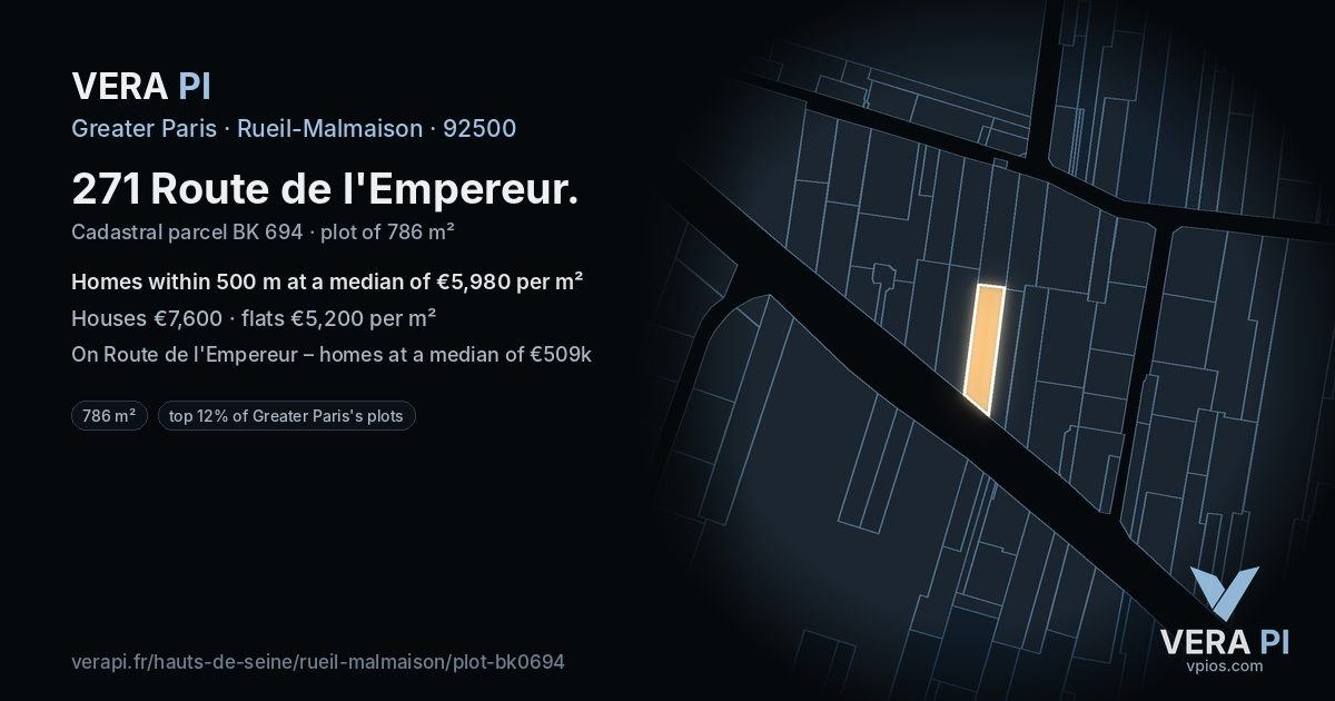 271 Route de l'Empereur, Rueil-Malmaison at night – the plot lit, the parcels around coloured by the prices near them