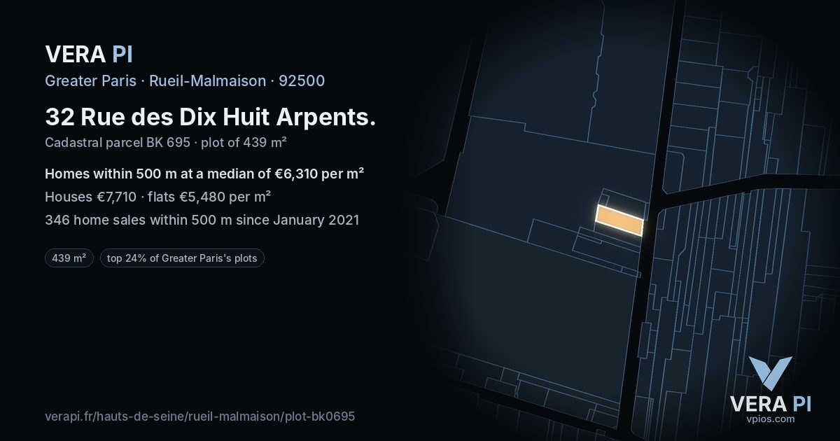 32 Rue des Dix Huit Arpents, Rueil-Malmaison at night – the plot lit, the parcels around coloured by the prices near them