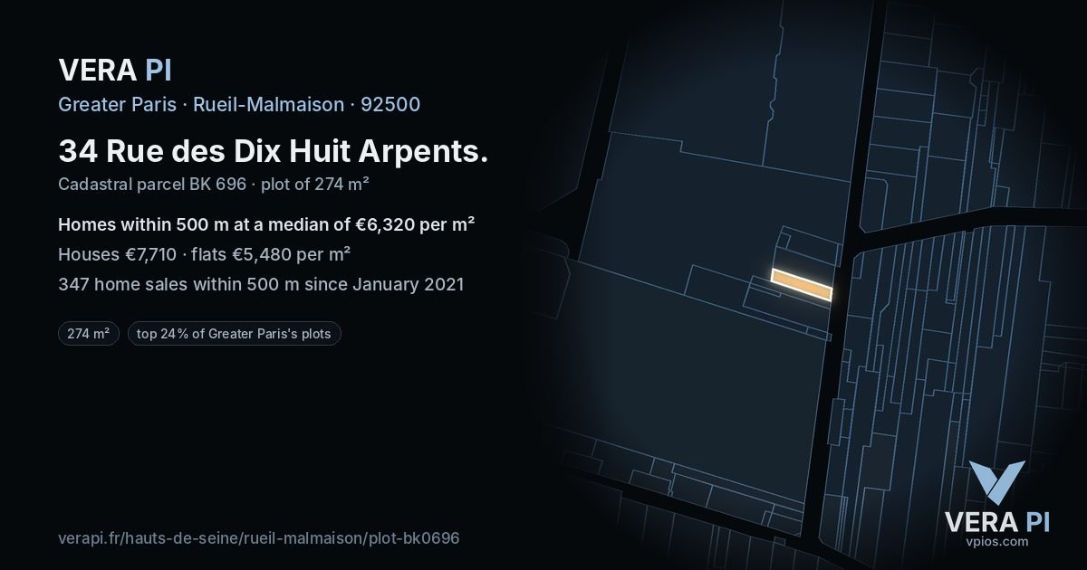 34 Rue des Dix Huit Arpents, Rueil-Malmaison at night – the plot lit, the parcels around coloured by the prices near them