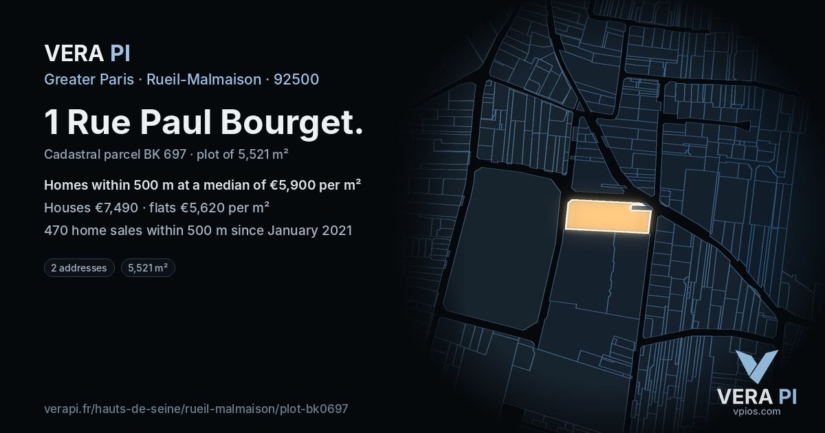 1 Rue Paul Bourget, Rueil-Malmaison at night – the plot lit, the parcels around coloured by the prices near them