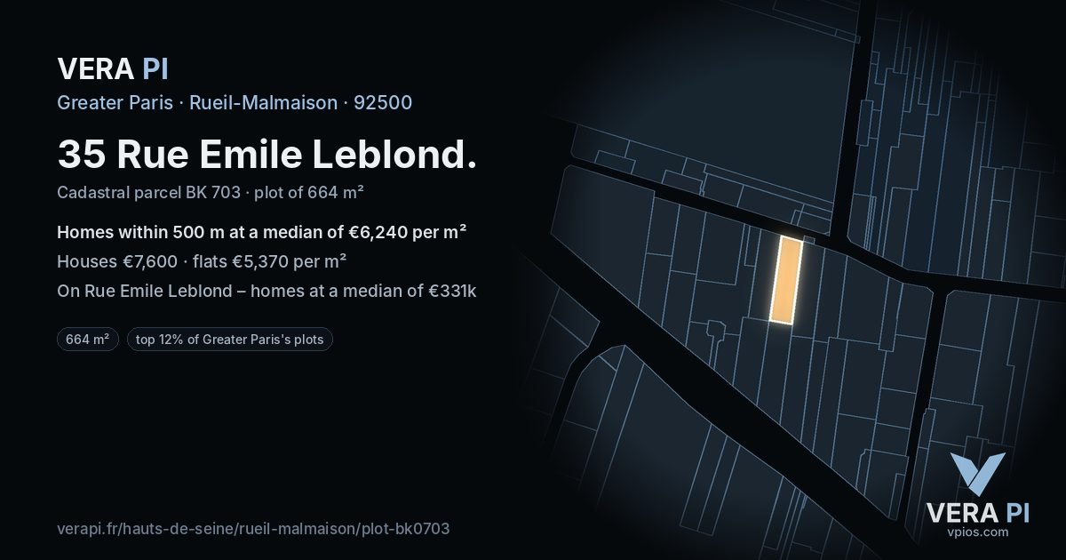 35 Rue Emile Leblond, Rueil-Malmaison at night – the plot lit, the parcels around coloured by the prices near them