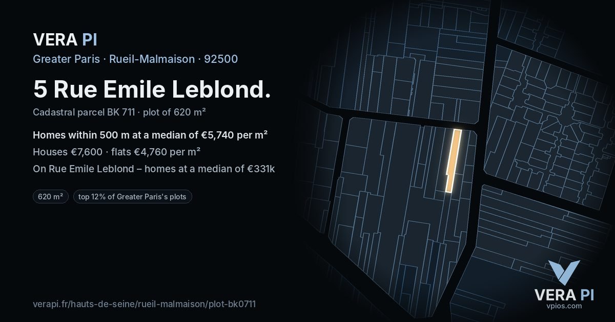 5 Rue Emile Leblond, Rueil-Malmaison at night – the plot lit, the parcels around coloured by the prices near them