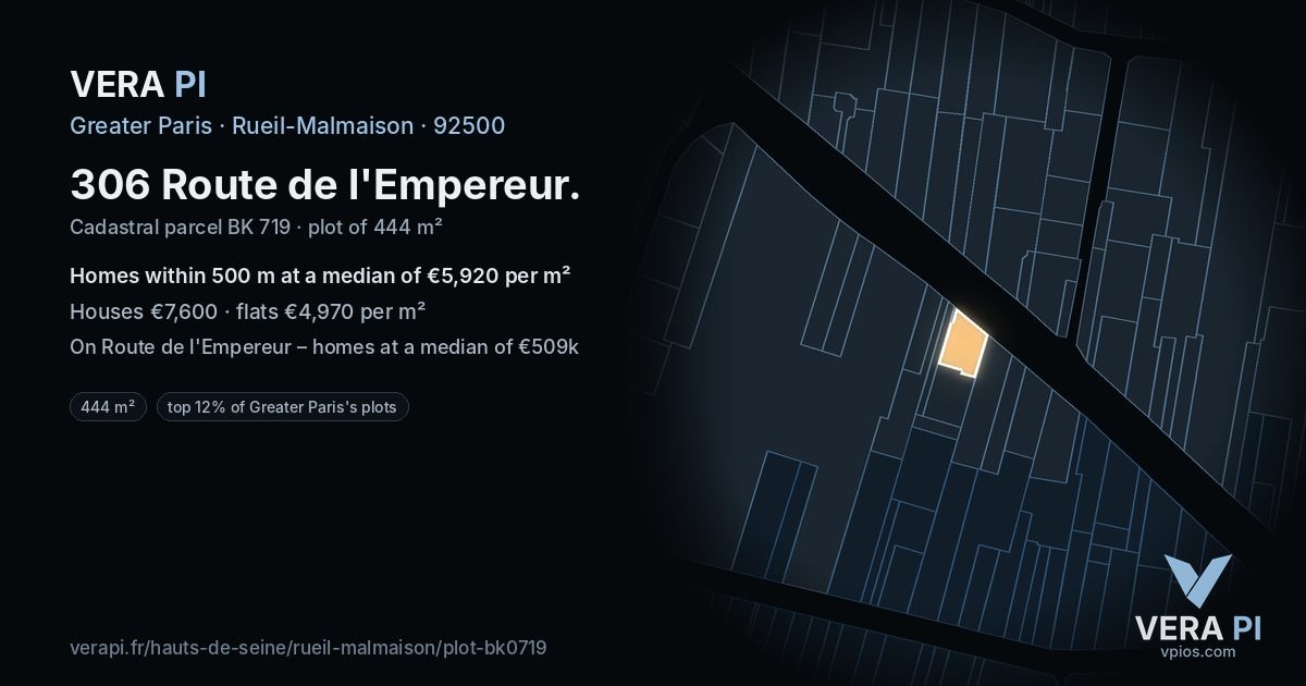 306 Route de l'Empereur, Rueil-Malmaison at night – the plot lit, the parcels around coloured by the prices near them