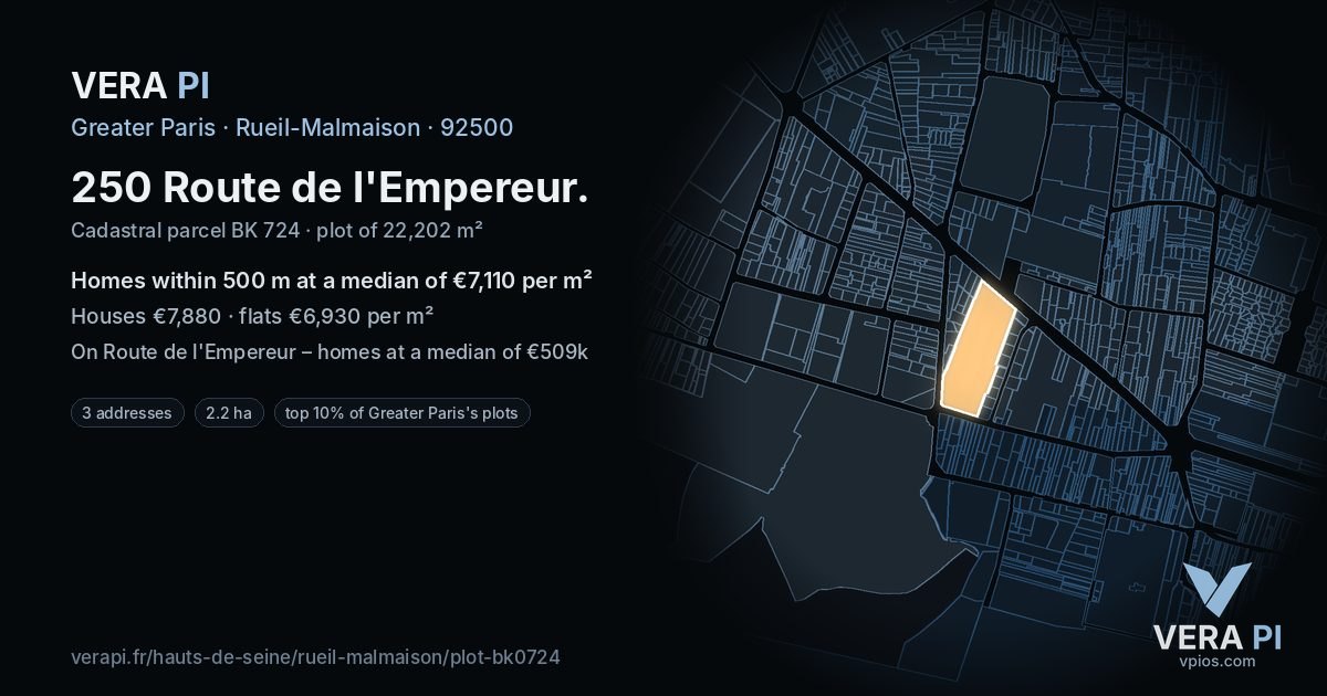 250 Route de l'Empereur, Rueil-Malmaison at night – the plot lit, the parcels around coloured by the prices near them