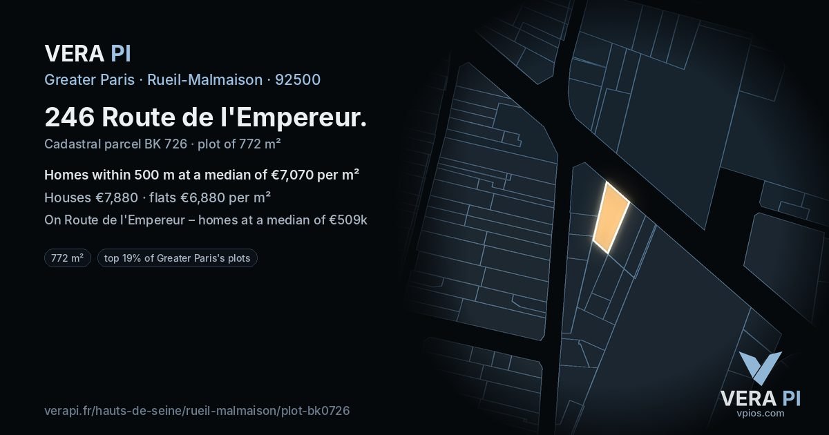 246 Route de l'Empereur, Rueil-Malmaison at night – the plot lit, the parcels around coloured by the prices near them