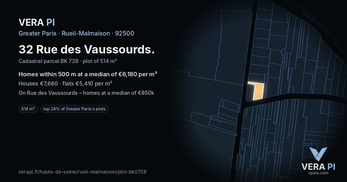 32 Rue des Vaussourds, Rueil-Malmaison at night – the plot lit, the parcels around coloured by the prices near them