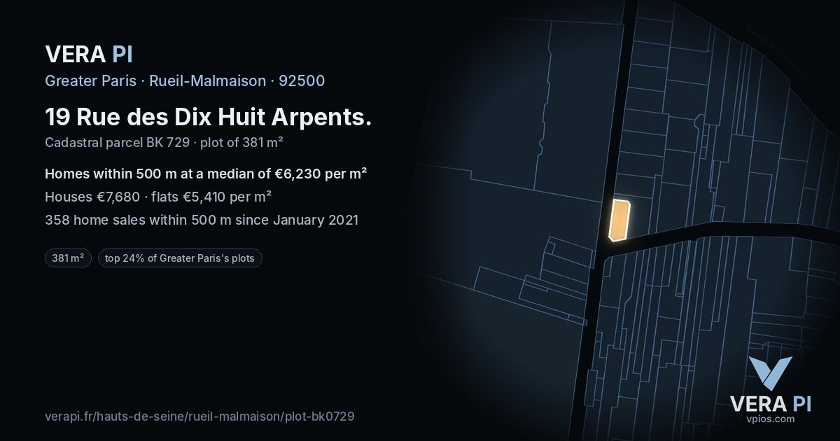 19 Rue des Dix Huit Arpents, Rueil-Malmaison at night – the plot lit, the parcels around coloured by the prices near them