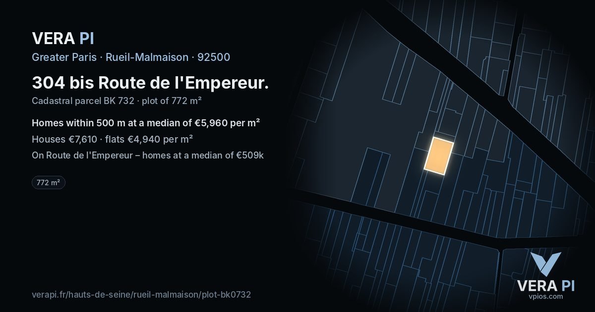304 bis Route de l'Empereur, Rueil-Malmaison at night – the plot lit, the parcels around coloured by the prices near them