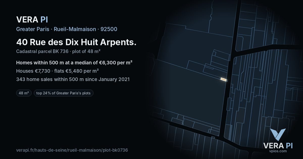 40 Rue des Dix Huit Arpents, Rueil-Malmaison at night – the plot lit, the parcels around coloured by the prices near them