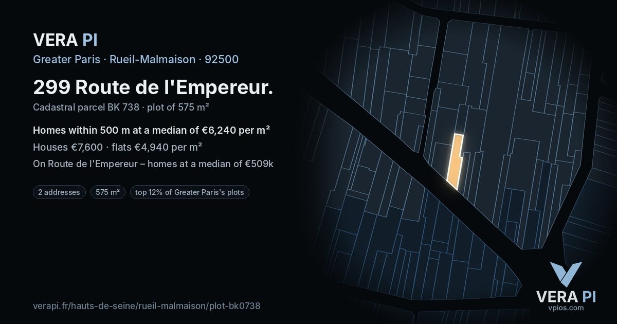 299 Route de l'Empereur, Rueil-Malmaison at night – the plot lit, the parcels around coloured by the prices near them