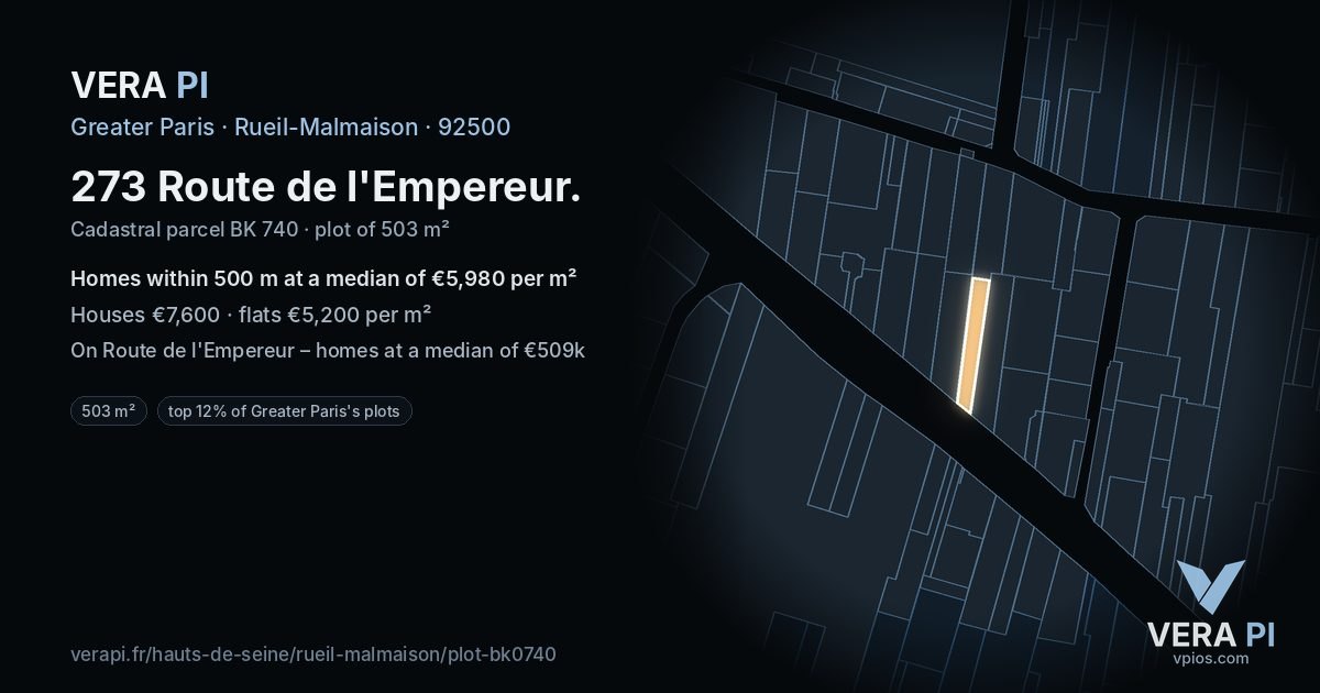 273 Route de l'Empereur, Rueil-Malmaison at night – the plot lit, the parcels around coloured by the prices near them
