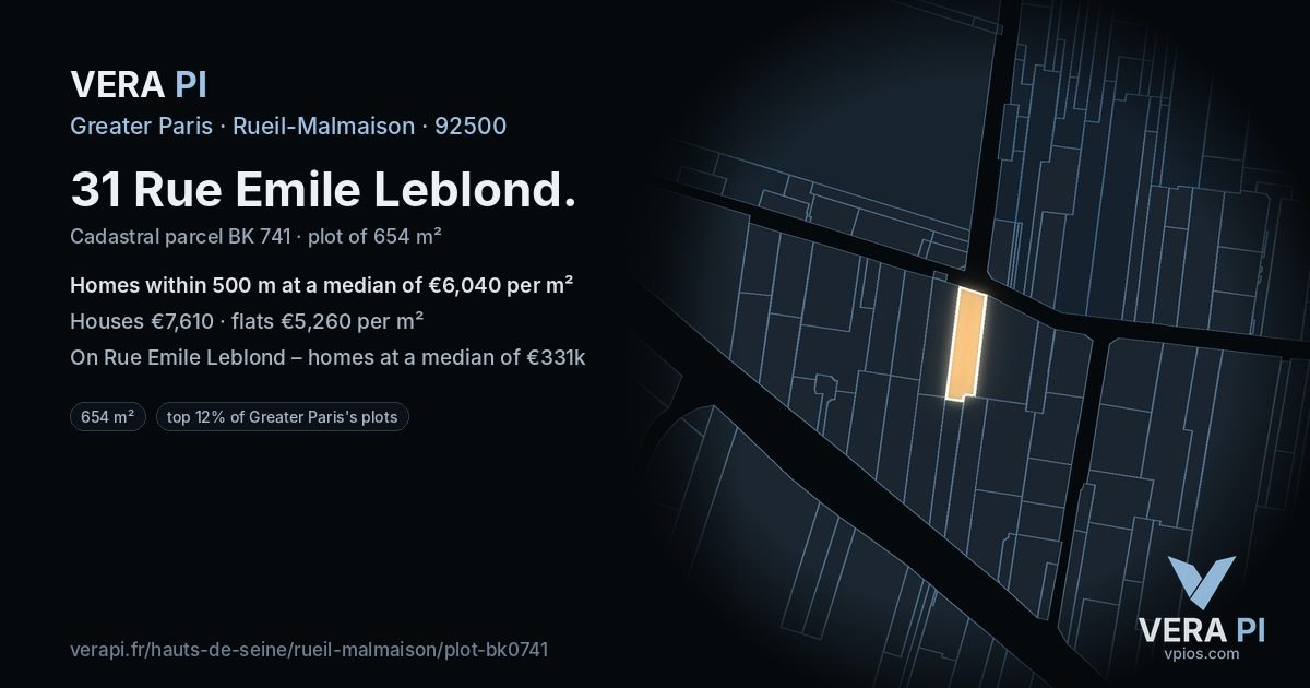 31 Rue Emile Leblond, Rueil-Malmaison at night – the plot lit, the parcels around coloured by the prices near them