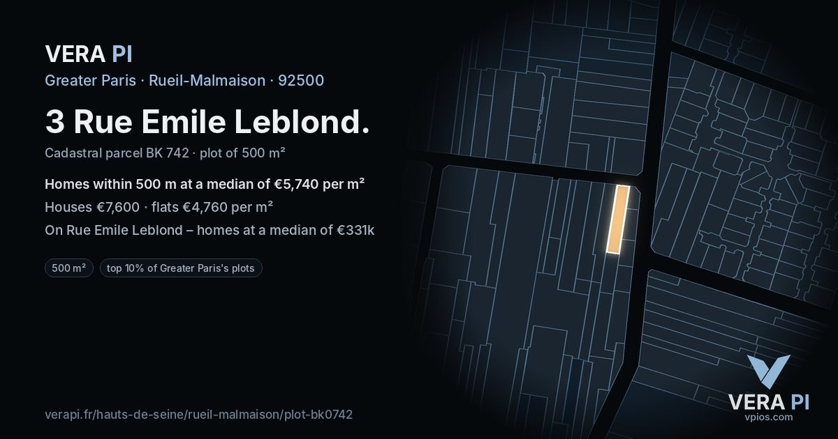 3 Rue Emile Leblond, Rueil-Malmaison at night – the plot lit, the parcels around coloured by the prices near them
