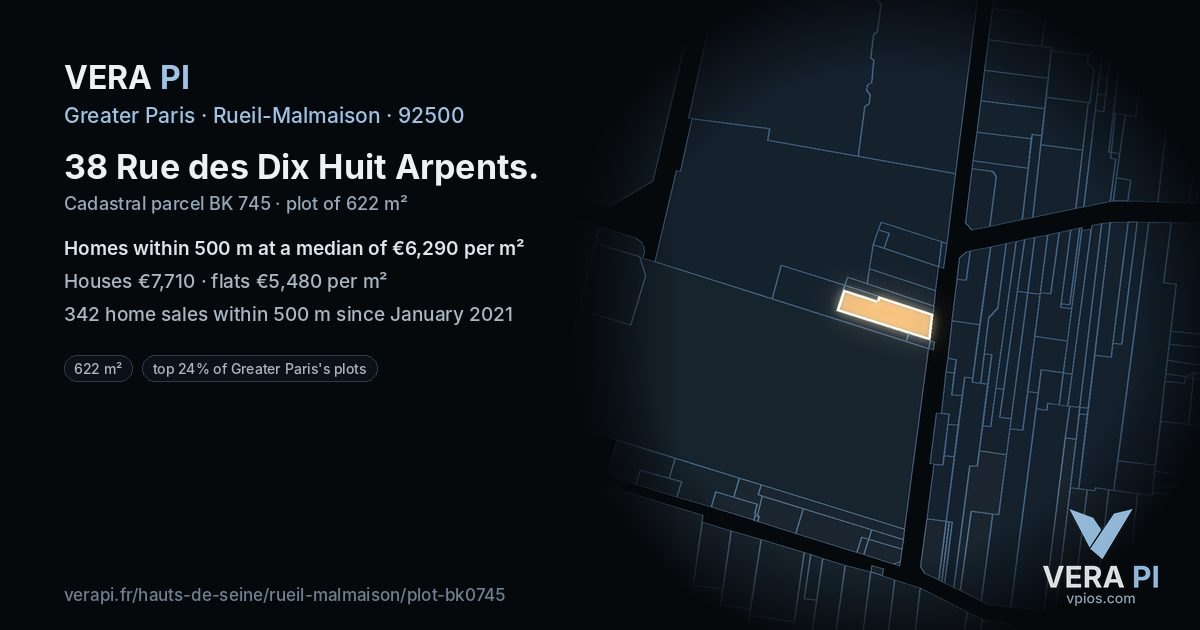 38 Rue des Dix Huit Arpents, Rueil-Malmaison at night – the plot lit, the parcels around coloured by the prices near them