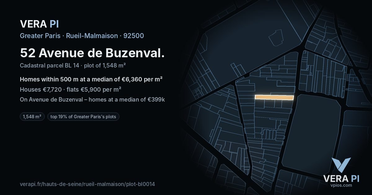 52 Avenue de Buzenval, Rueil-Malmaison at night – the plot lit, the parcels around coloured by the prices near them