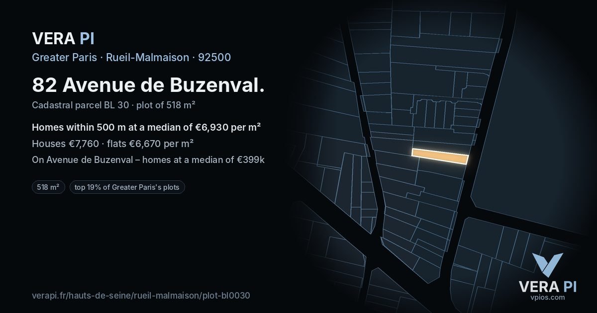 82 Avenue de Buzenval, Rueil-Malmaison at night – the plot lit, the parcels around coloured by the prices near them