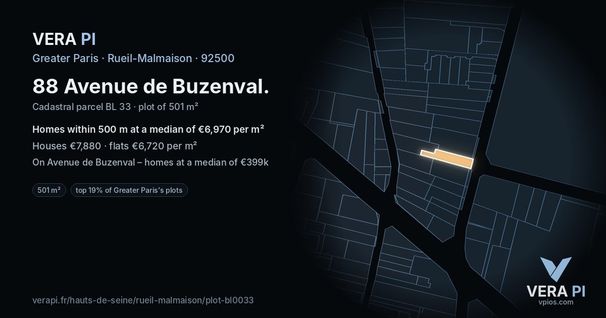 88 Avenue de Buzenval, Rueil-Malmaison at night – the plot lit, the parcels around coloured by the prices near them