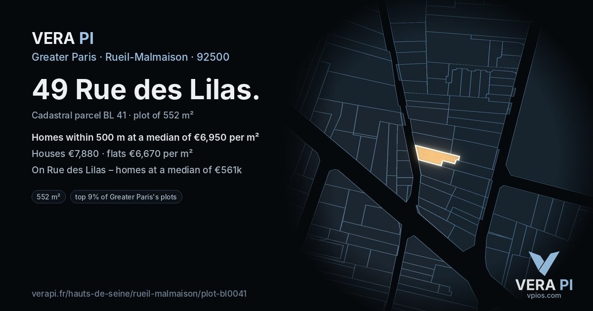 49 Rue des Lilas, Rueil-Malmaison at night – the plot lit, the parcels around coloured by the prices near them