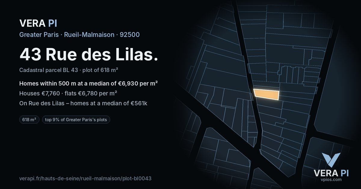 43 Rue des Lilas, Rueil-Malmaison at night – the plot lit, the parcels around coloured by the prices near them