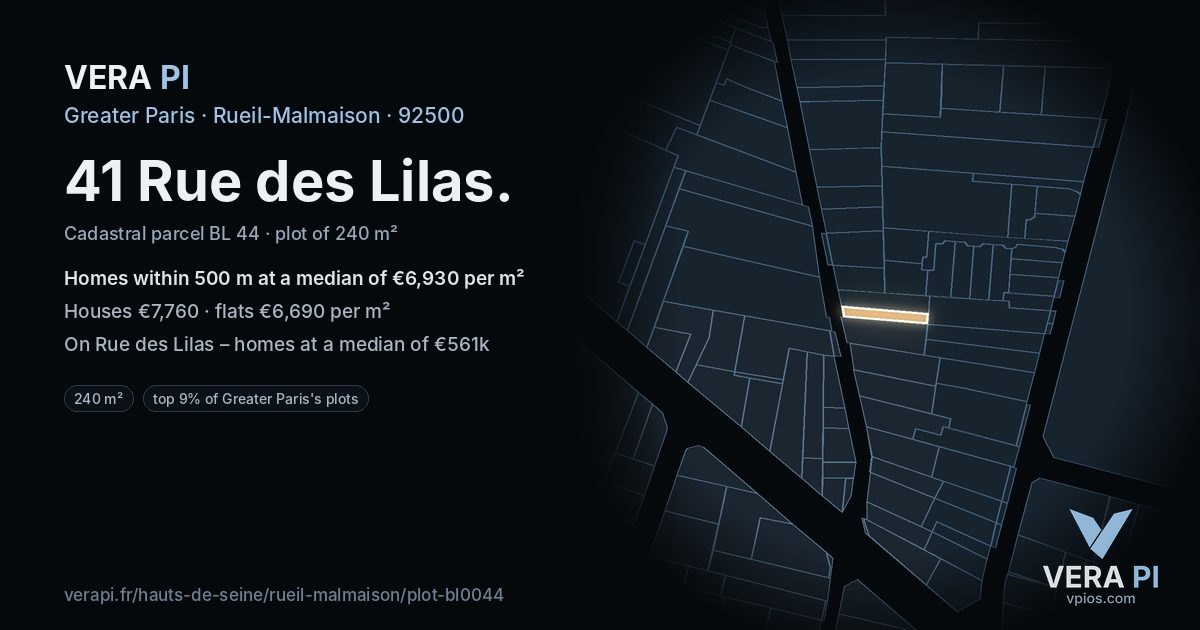 41 Rue des Lilas, Rueil-Malmaison at night – the plot lit, the parcels around coloured by the prices near them