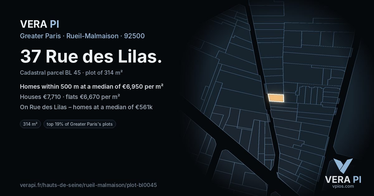 37 Rue des Lilas, Rueil-Malmaison at night – the plot lit, the parcels around coloured by the prices near them