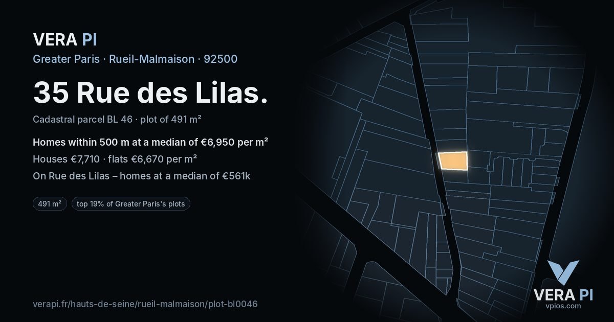 35 Rue des Lilas, Rueil-Malmaison at night – the plot lit, the parcels around coloured by the prices near them