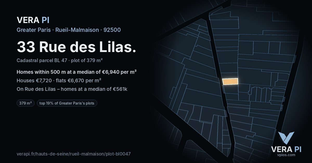 33 Rue des Lilas, Rueil-Malmaison at night – the plot lit, the parcels around coloured by the prices near them