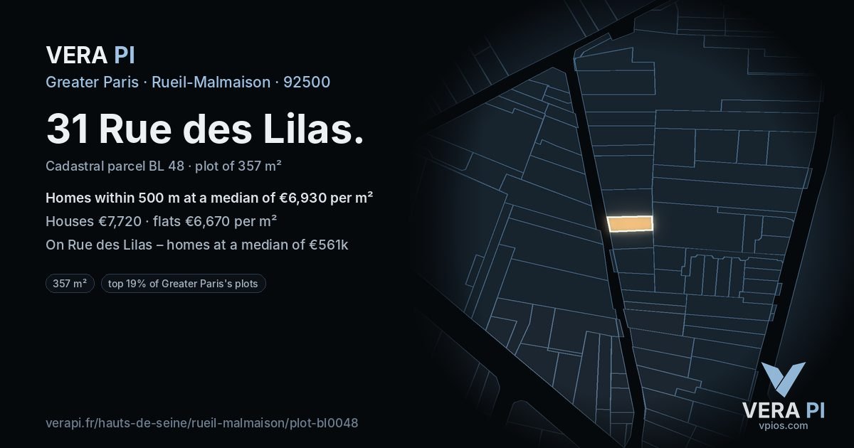 31 Rue des Lilas, Rueil-Malmaison at night – the plot lit, the parcels around coloured by the prices near them