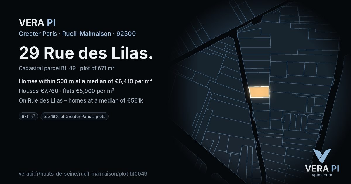 29 Rue des Lilas, Rueil-Malmaison at night – the plot lit, the parcels around coloured by the prices near them