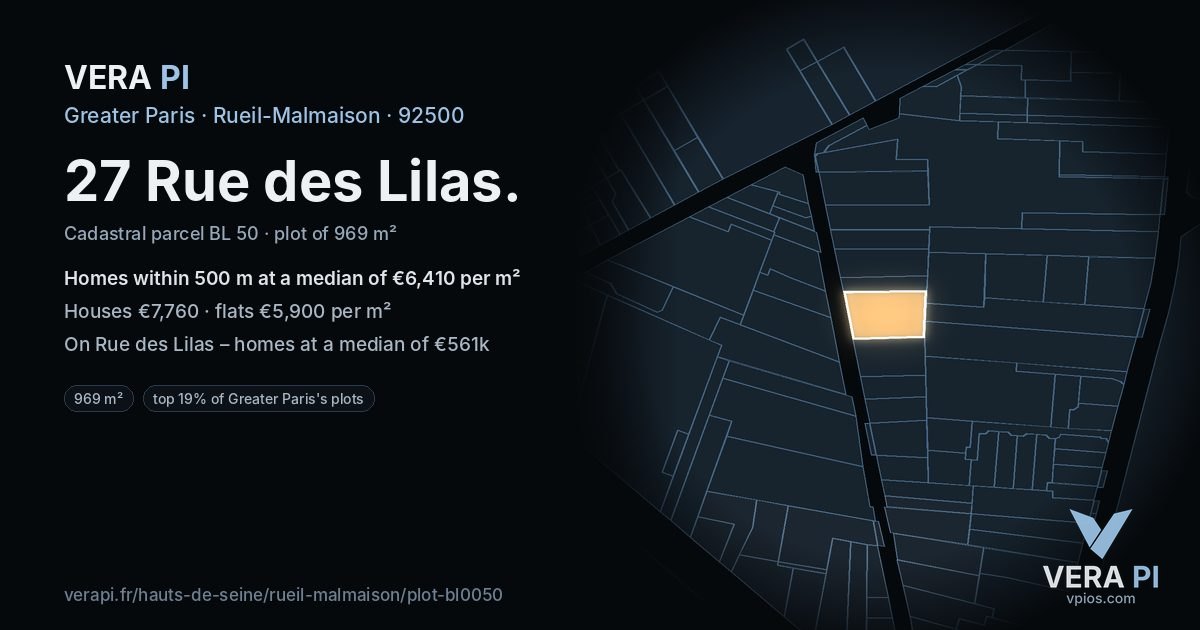 27 Rue des Lilas, Rueil-Malmaison at night – the plot lit, the parcels around coloured by the prices near them
