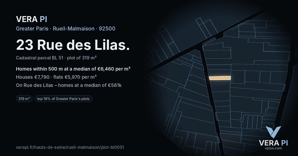23 Rue des Lilas, Rueil-Malmaison at night – the plot lit, the parcels around coloured by the prices near them