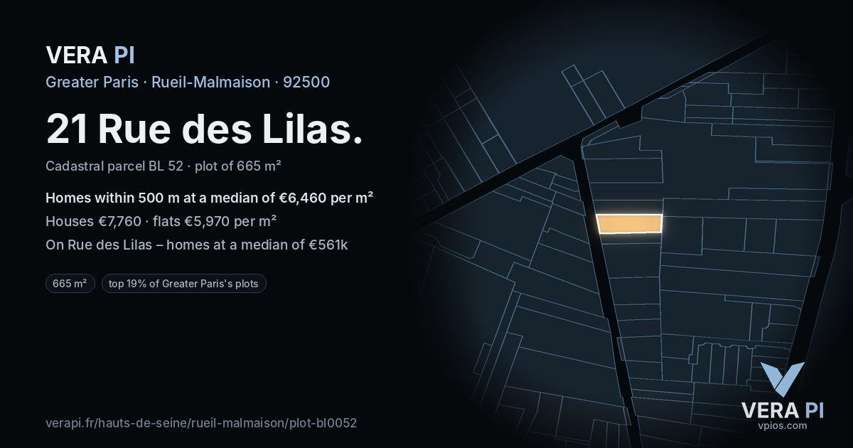 21 Rue des Lilas, Rueil-Malmaison at night – the plot lit, the parcels around coloured by the prices near them
