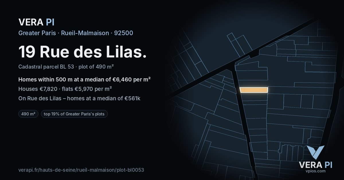 19 Rue des Lilas, Rueil-Malmaison at night – the plot lit, the parcels around coloured by the prices near them