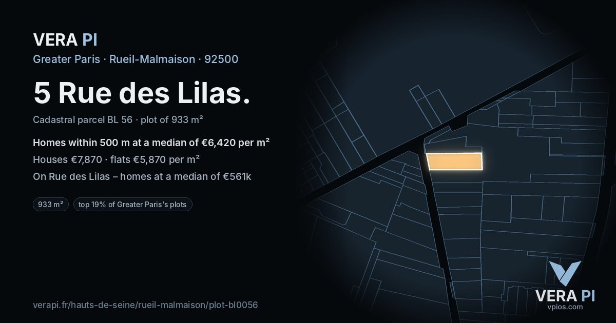 5 Rue des Lilas, Rueil-Malmaison at night – the plot lit, the parcels around coloured by the prices near them